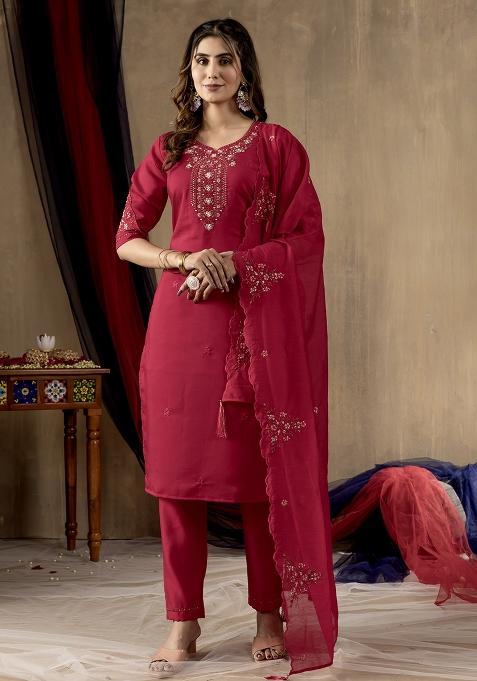 Rani Pink Embroidery Silk Straight Kurta Set