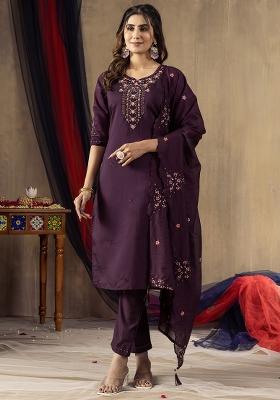 Wine Embroidery Silk Straight Kurta Set