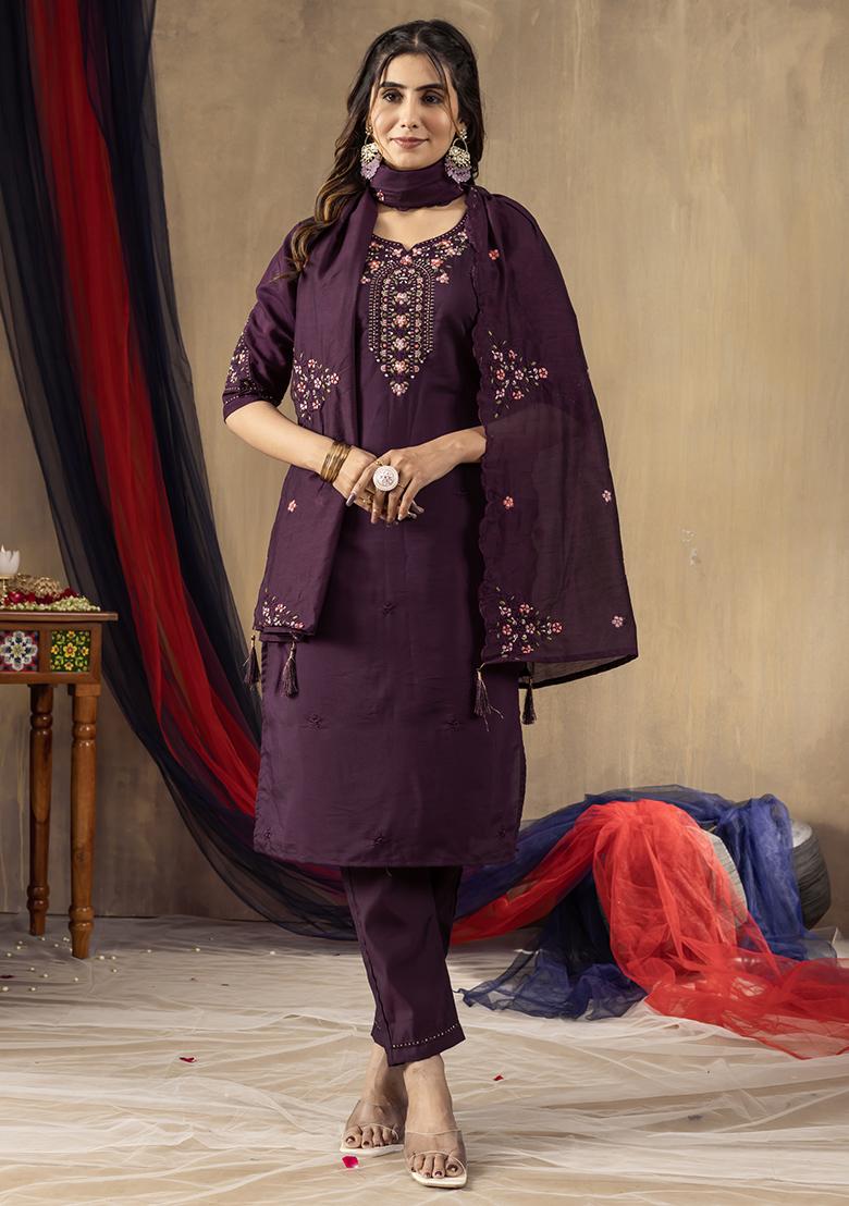 Wine Embroidery Silk Straight Kurta Set - Indya