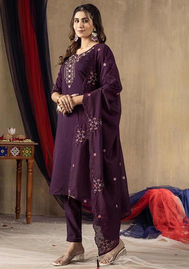 Wine Embroidery Silk Straight Kurta Set - Indya