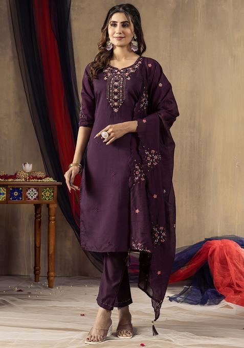 Wine Embroidery Silk Straight Kurta Set