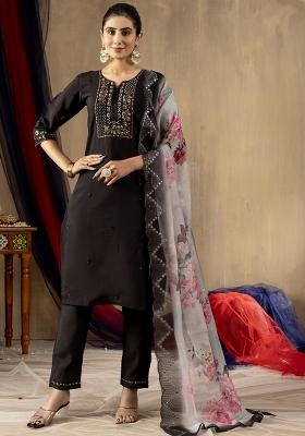 Black Embroidery Silk Straight Kurta Set