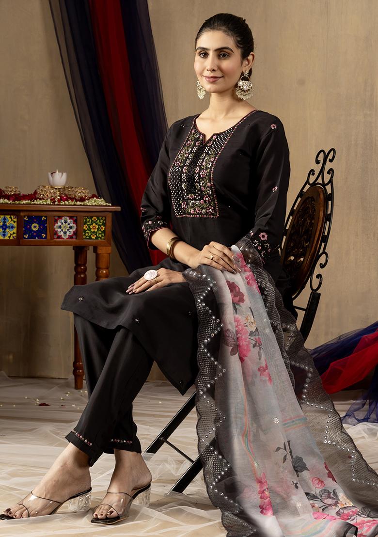 Black Embroidery Silk Straight Kurta Set - Indya