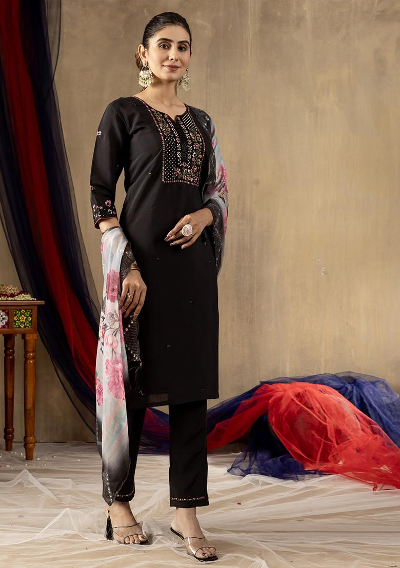 Black Embroidery Silk Straight Kurta Set - Indya