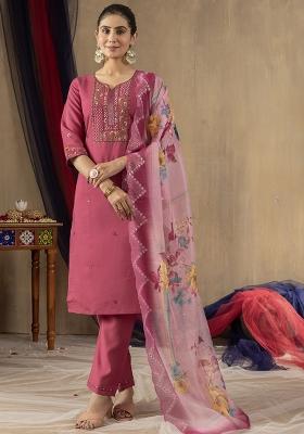 Pink Embroidery Silk Straight Kurta Set
