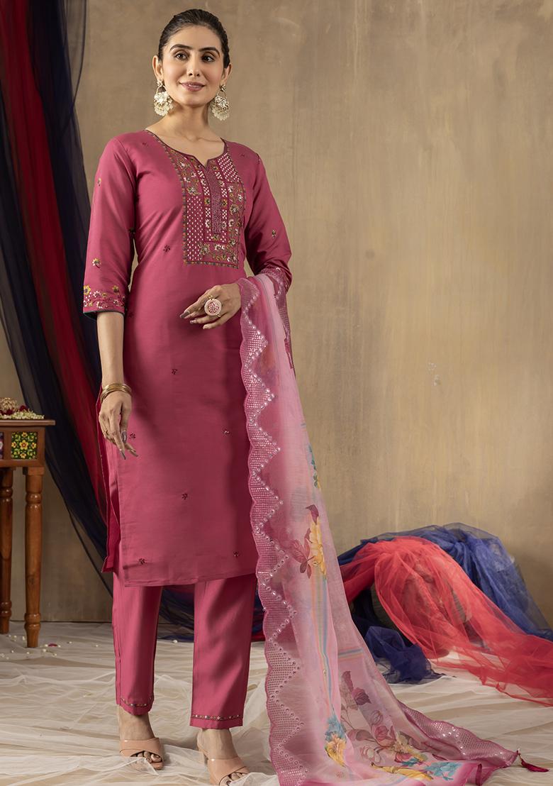 Pink Embroidery Silk Straight Kurta Set - Indya