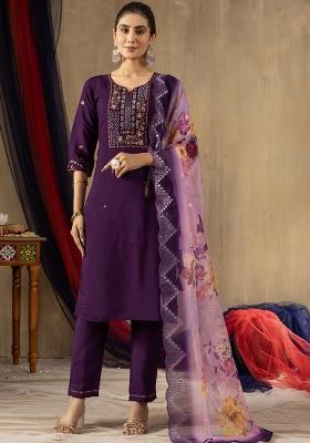 Purple Embroidery Silk Straight Kurta Set