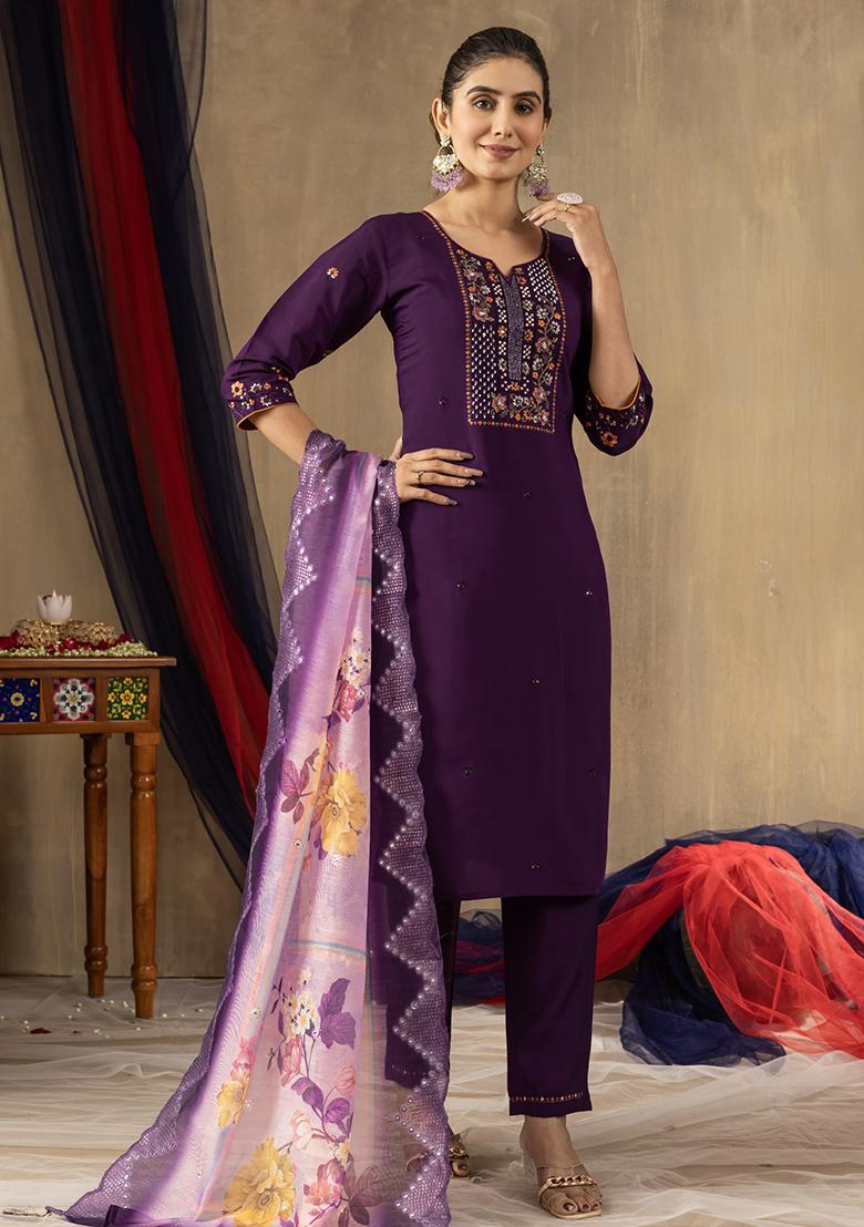 Purple Embroidery Silk Straight Kurta Set - Indya