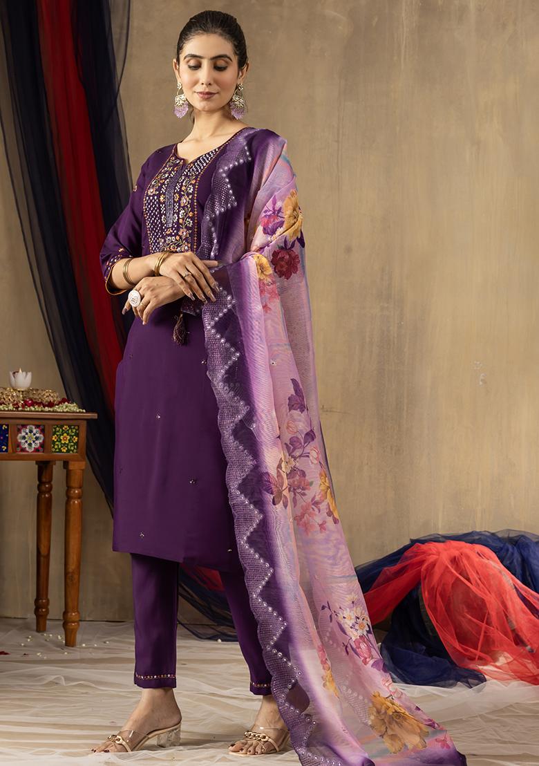 Purple Embroidery Silk Straight Kurta Set - Indya