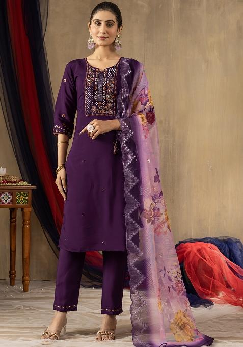 Purple Embroidery Silk Straight Kurta Set
