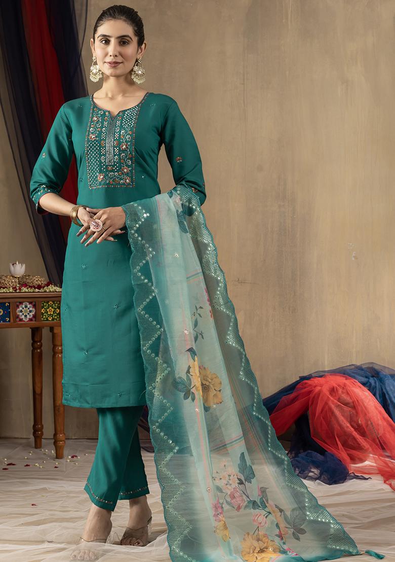 Rama Embroidery Silk Straight Kurta Set - Indya
