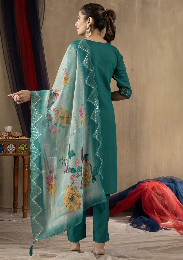 Rama Embroidery Silk Straight Kurta Set - Indya