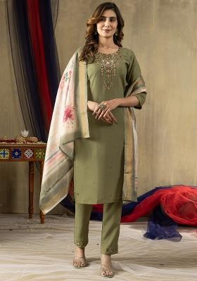 Green Embroidery Silk Straight Kurta Set