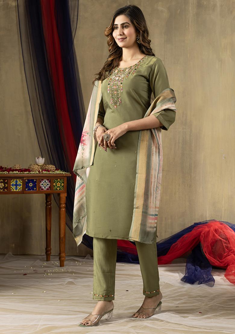 Green Embroidery Silk Straight Kurta Set - Indya