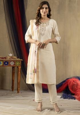Off White Embroidery Silk Straight Kurta Set