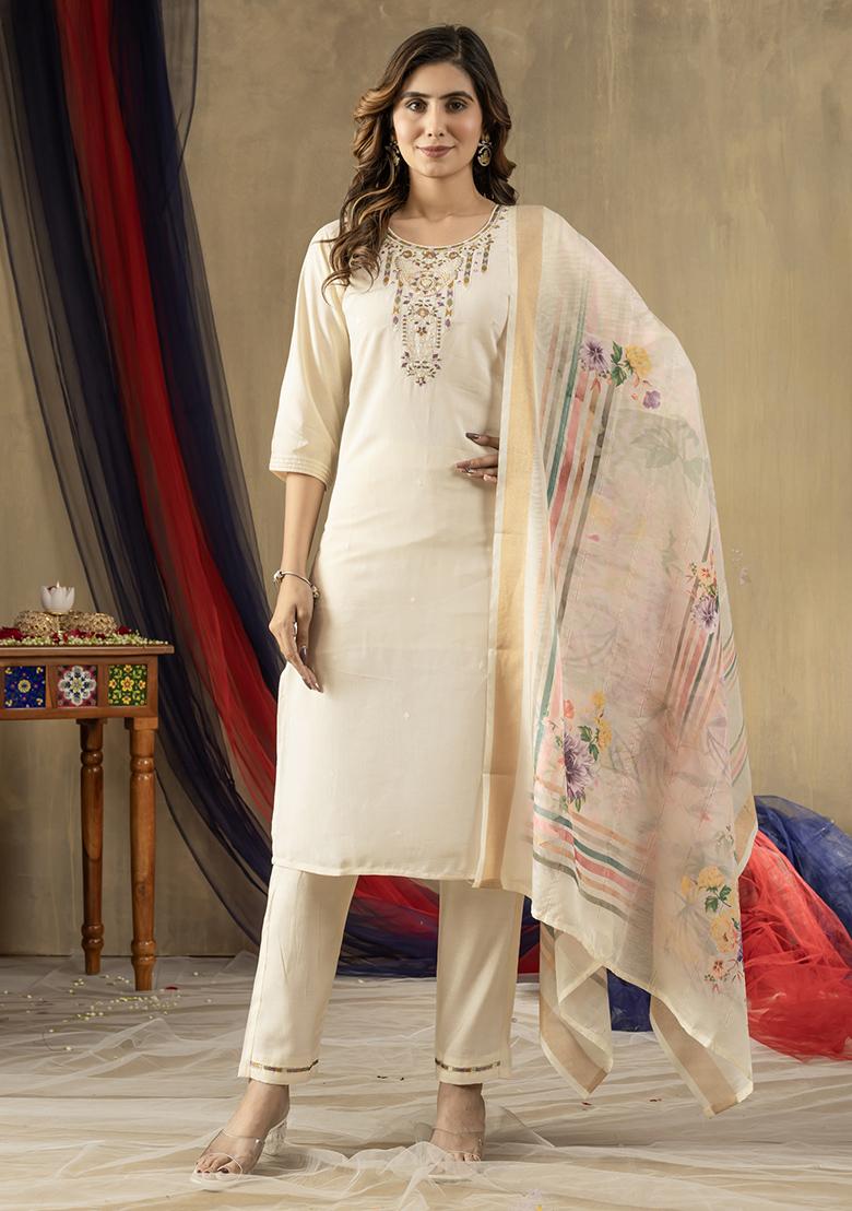 Off White Embroidery Silk Straight Kurta Set - Indya