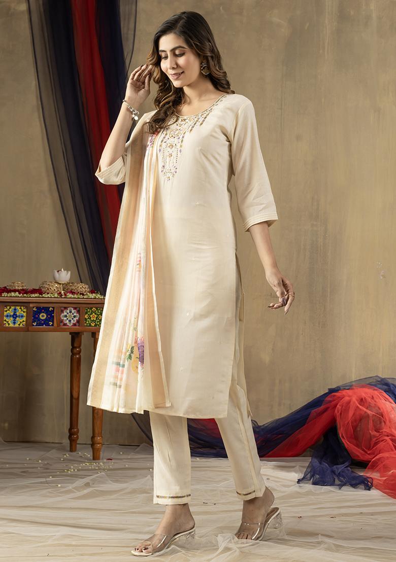 Off White Embroidery Silk Straight Kurta Set - Indya