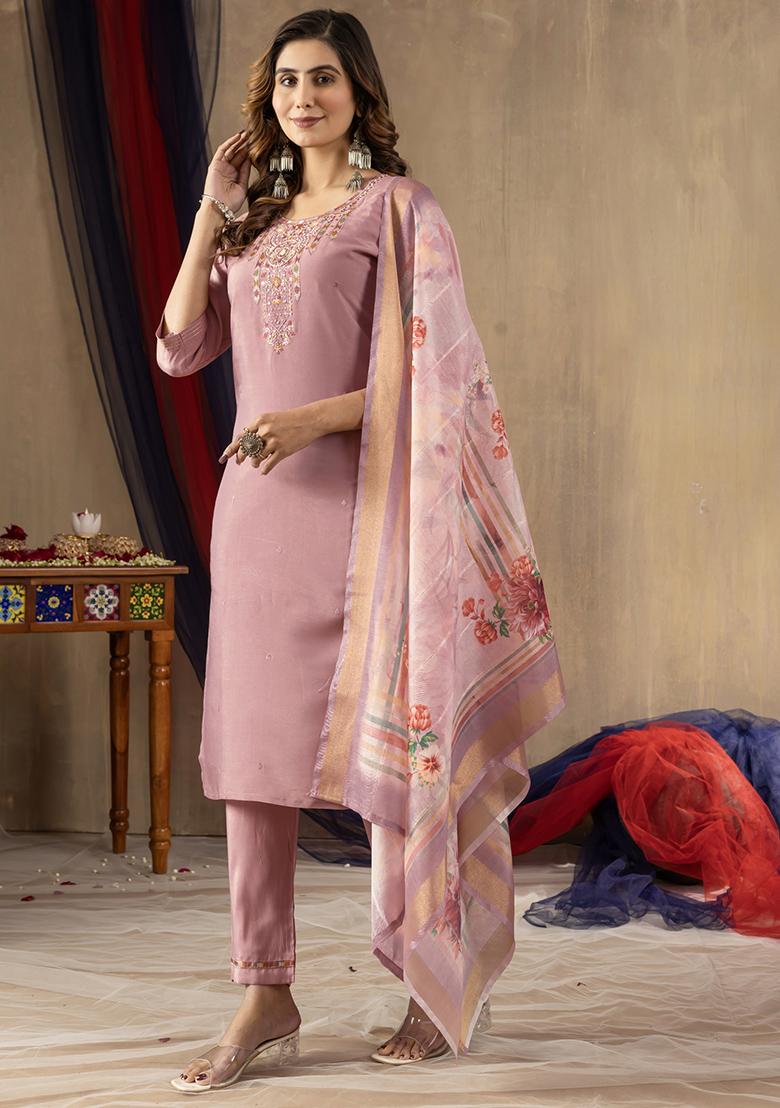 Onion Pink Embroidery Silk Straight Kurta Set - Indya