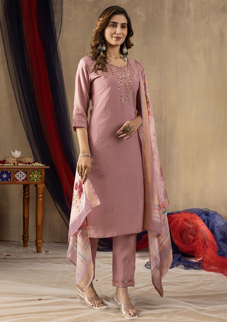 Onion Pink Embroidery Silk Straight Kurta Set - Indya