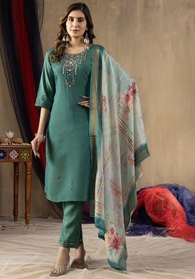 Rama Embroidery Silk Straight Kurta Set