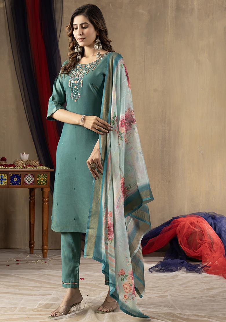 Rama Embroidery Silk Straight Kurta Set - Indya