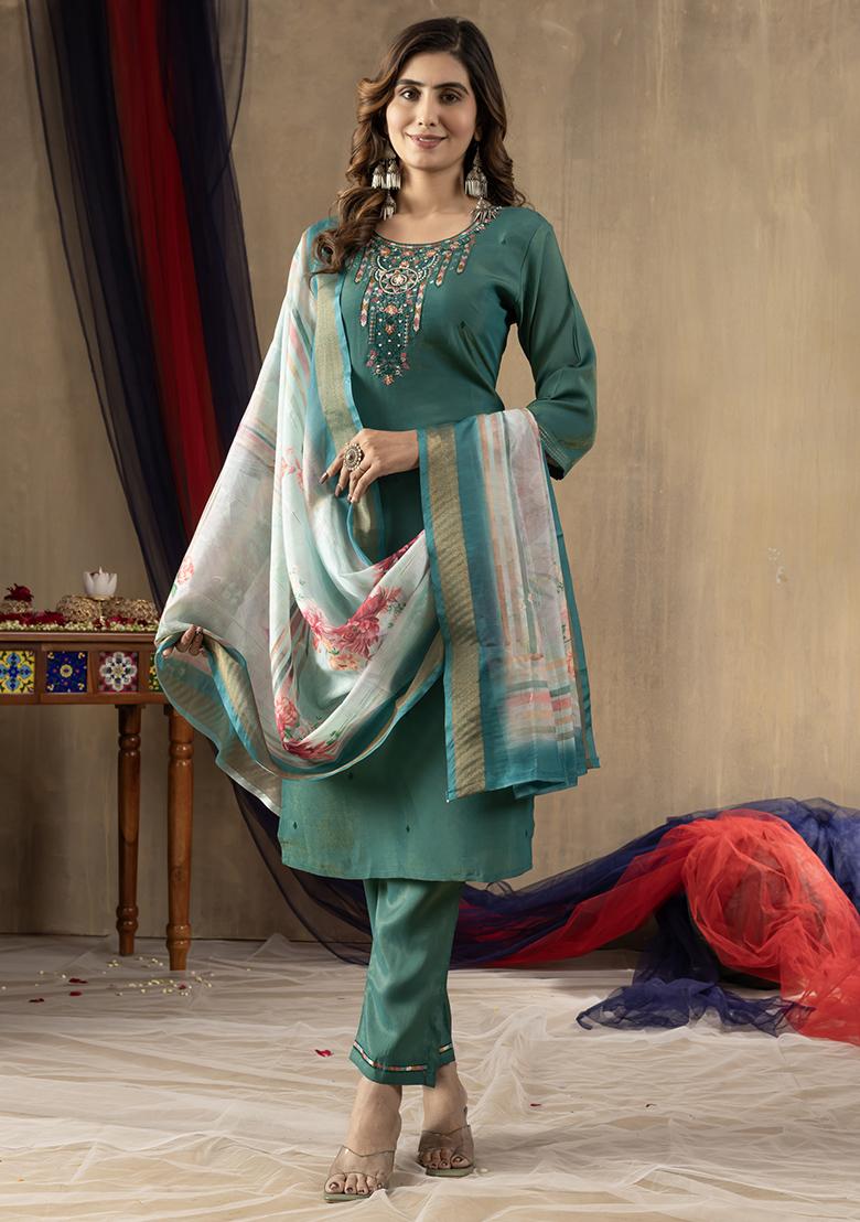Rama Embroidery Silk Straight Kurta Set - Indya