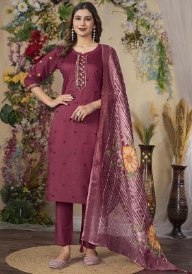 Cerise Embroidery Silk Straight Kurta Set