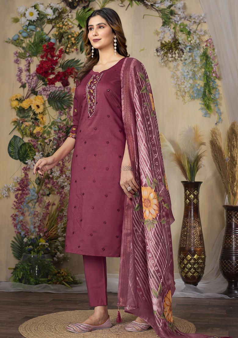 Cerise Embroidery Silk Straight Kurta Set - Indya
