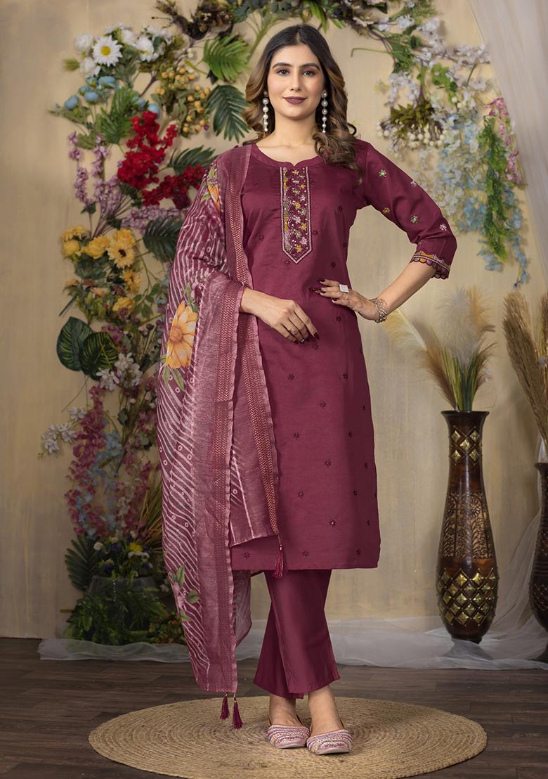 Cerise Embroidery Silk Straight Kurta Set - Indya