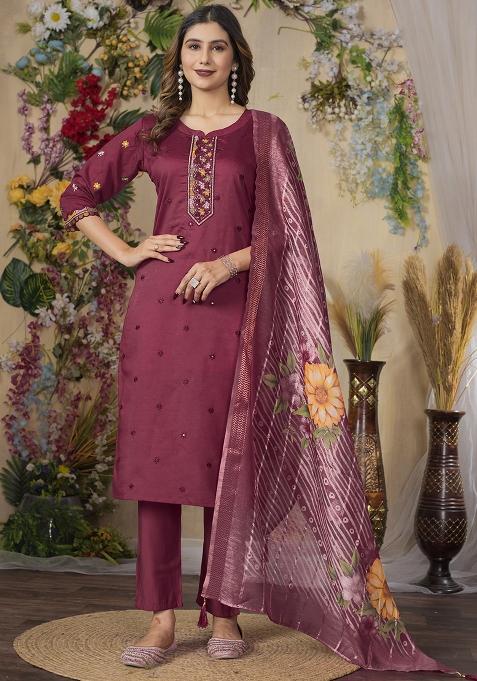 Cerise Embroidery Silk Straight Kurta Set