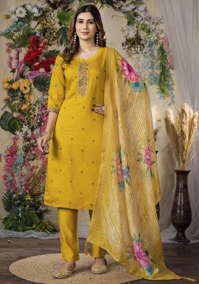 Mustard Embroidery Silk Straight Kurta Set
