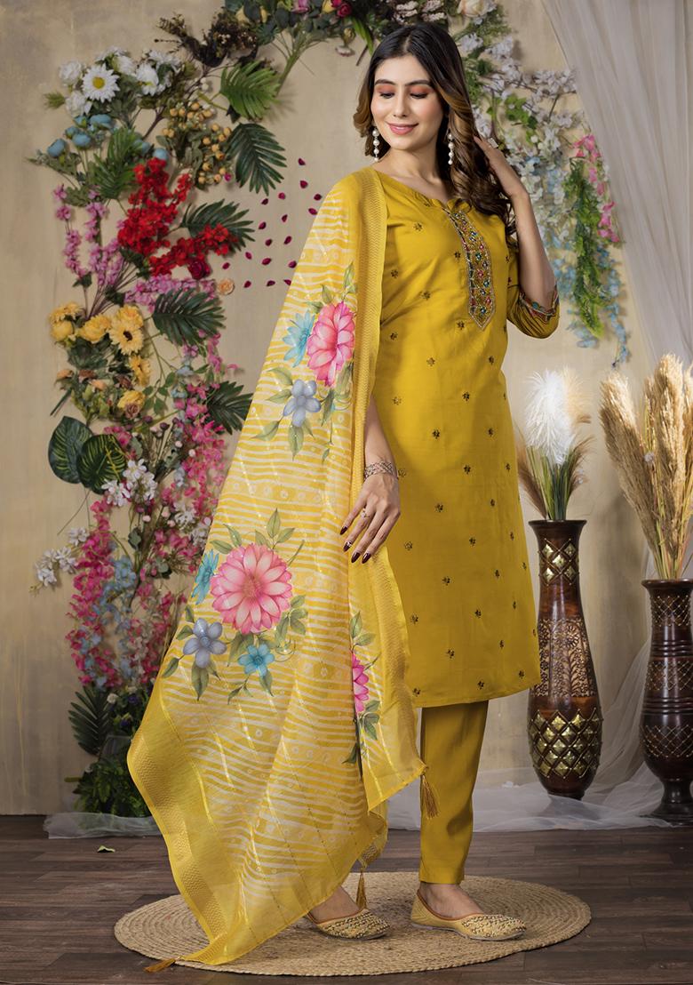 Mustard Embroidery Silk Straight Kurta Set - Indya