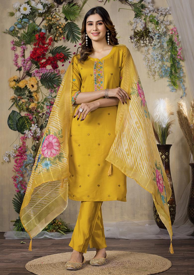 Mustard Embroidery Silk Straight Kurta Set - Indya