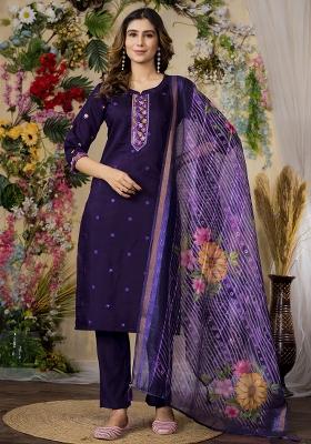 Purple Embroidery Silk Straight Kurta Set