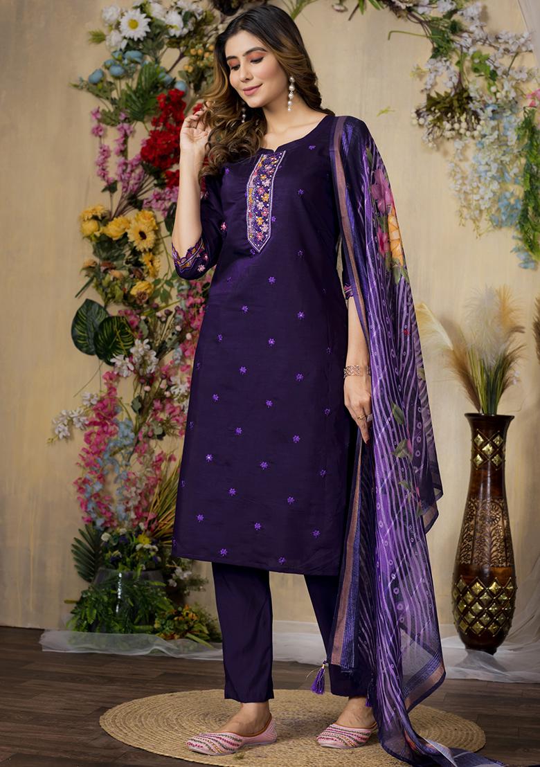 Purple Embroidery Silk Straight Kurta Set - Indya