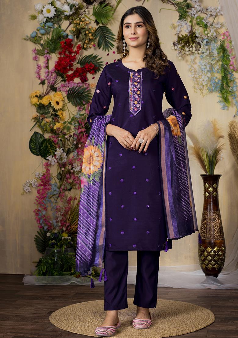 Purple Embroidery Silk Straight Kurta Set - Indya