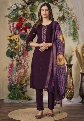 Wine Embroidery Silk Straight Kurta Set