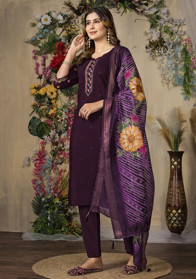 Wine Embroidery Silk Straight Kurta Set - Indya