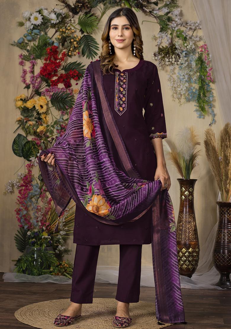 Wine Embroidery Silk Straight Kurta Set - Indya