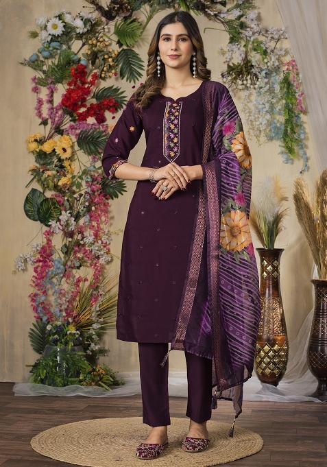 Wine Embroidery Silk Straight Kurta Set