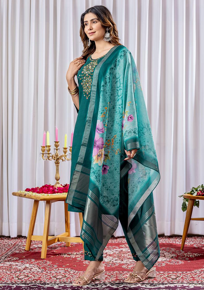 Green Embroidery Silk Straight Kurta Set - Indya