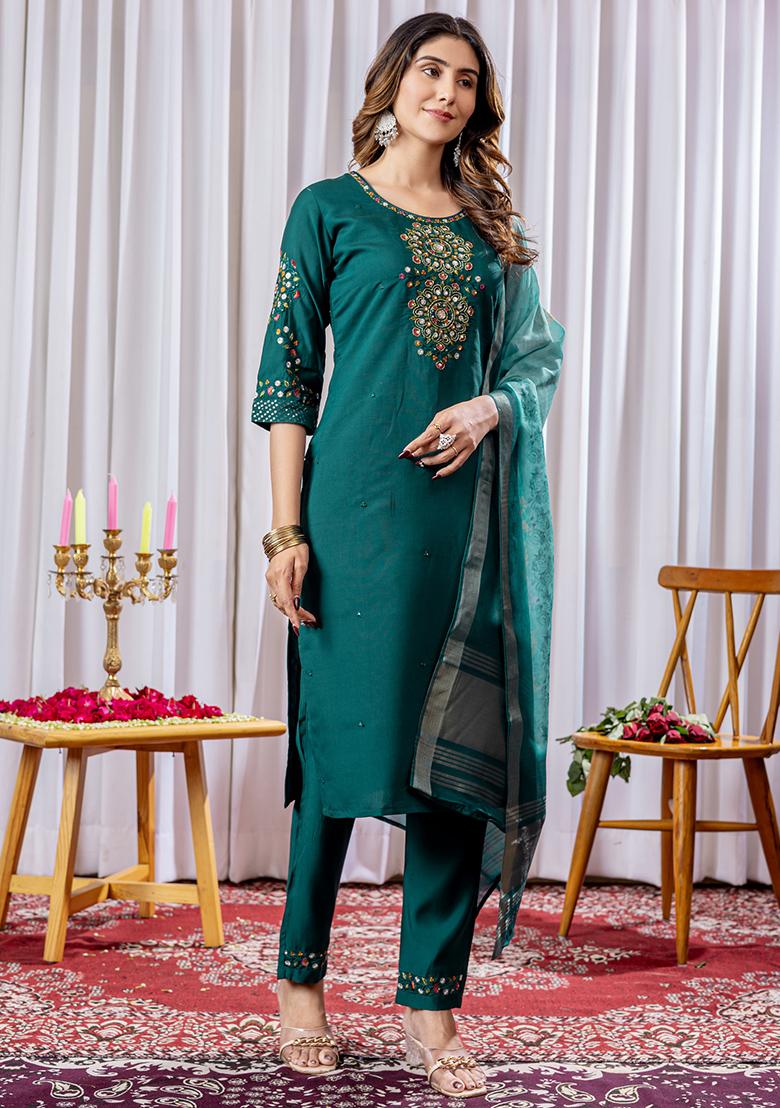 Green Embroidery Silk Straight Kurta Set - Indya