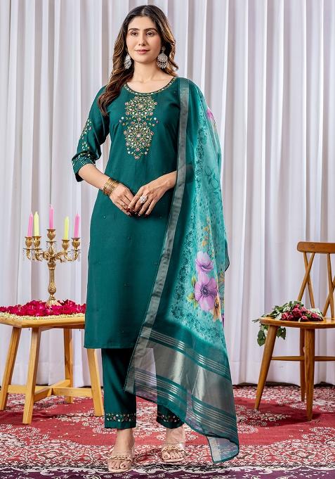 Green Embroidery Silk Straight Kurta Set