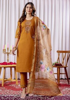 Mustard Embroidery Silk Straight Kurta Set