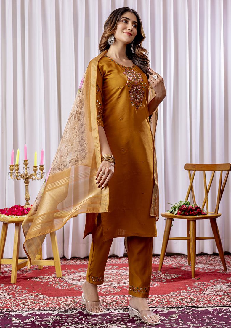 Mustard Embroidery Silk Straight Kurta Set - Indya