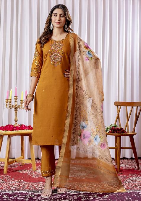 Mustard Embroidery Silk Straight Kurta Set