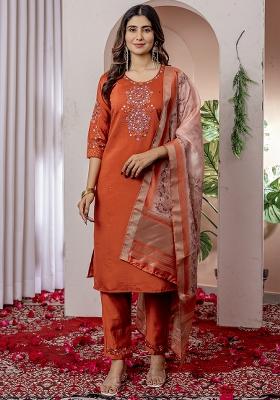 Orange Embroidery Silk Straight Kurta Set