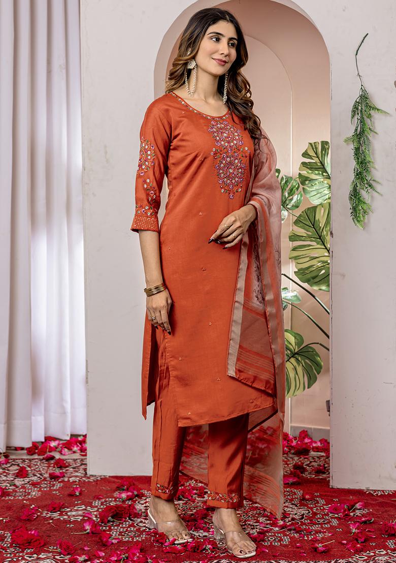 Orange Embroidery Silk Straight Kurta Set - Indya