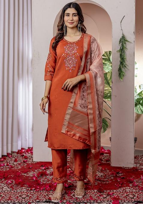 Orange Embroidery Silk Straight Kurta Set