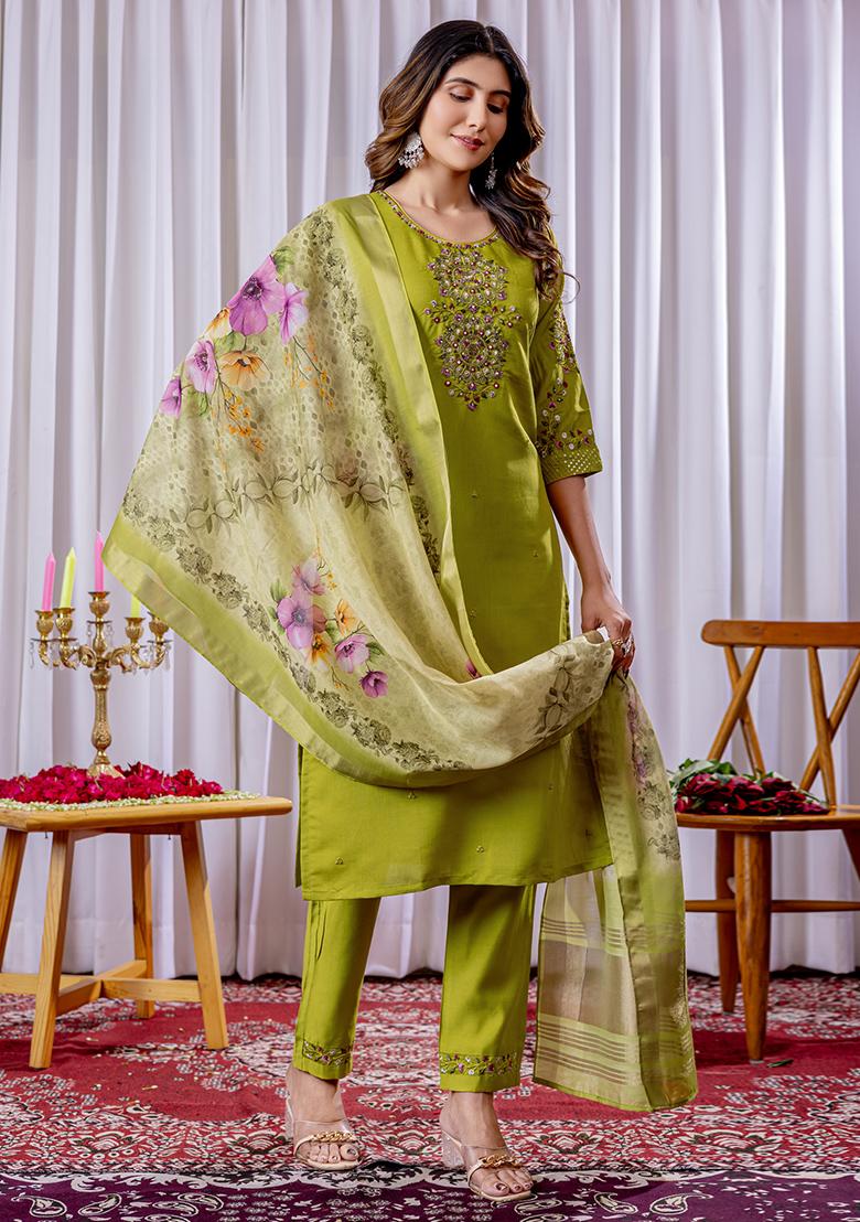 Parrot Green Embroidery Silk Straight Kurta Set - Indya